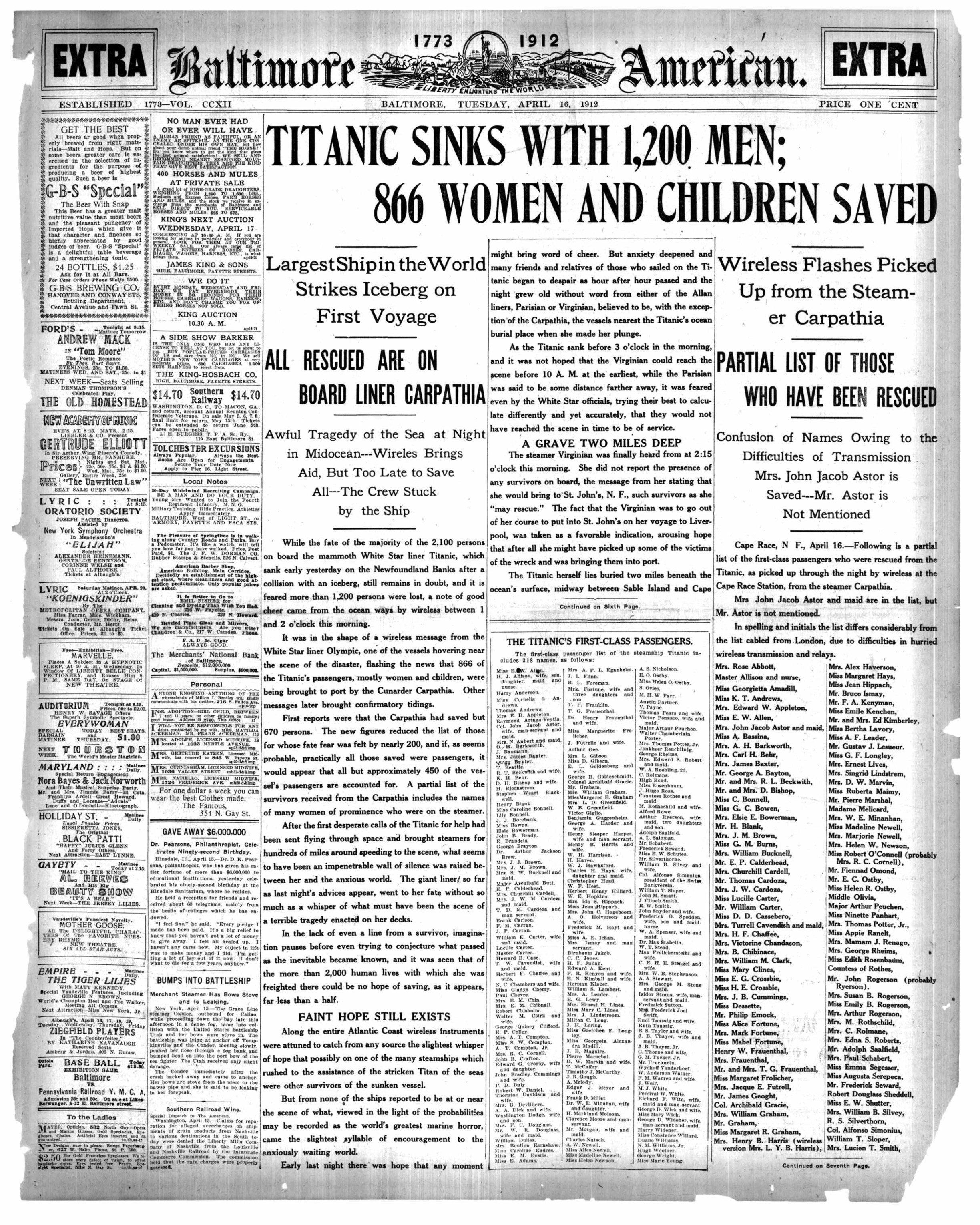 Baltimore American April 16 1912