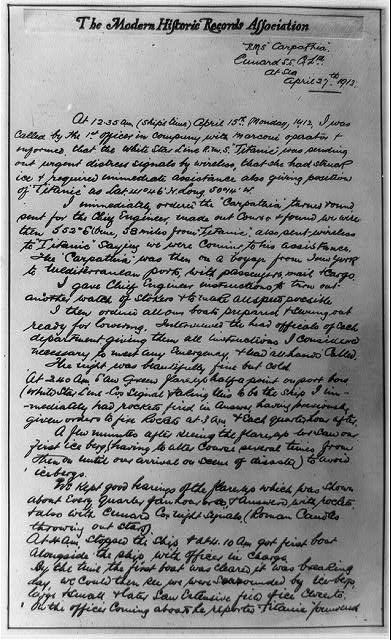 Capt. Rostron's handwritten account of Titanic disaster
