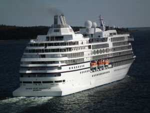 The Seven Seas Navigator is a small luxury cruise ship steaming out of the harbor at Halifax, Canada.  All major lines include itineraries to Halifax. The Privateer Clause photo